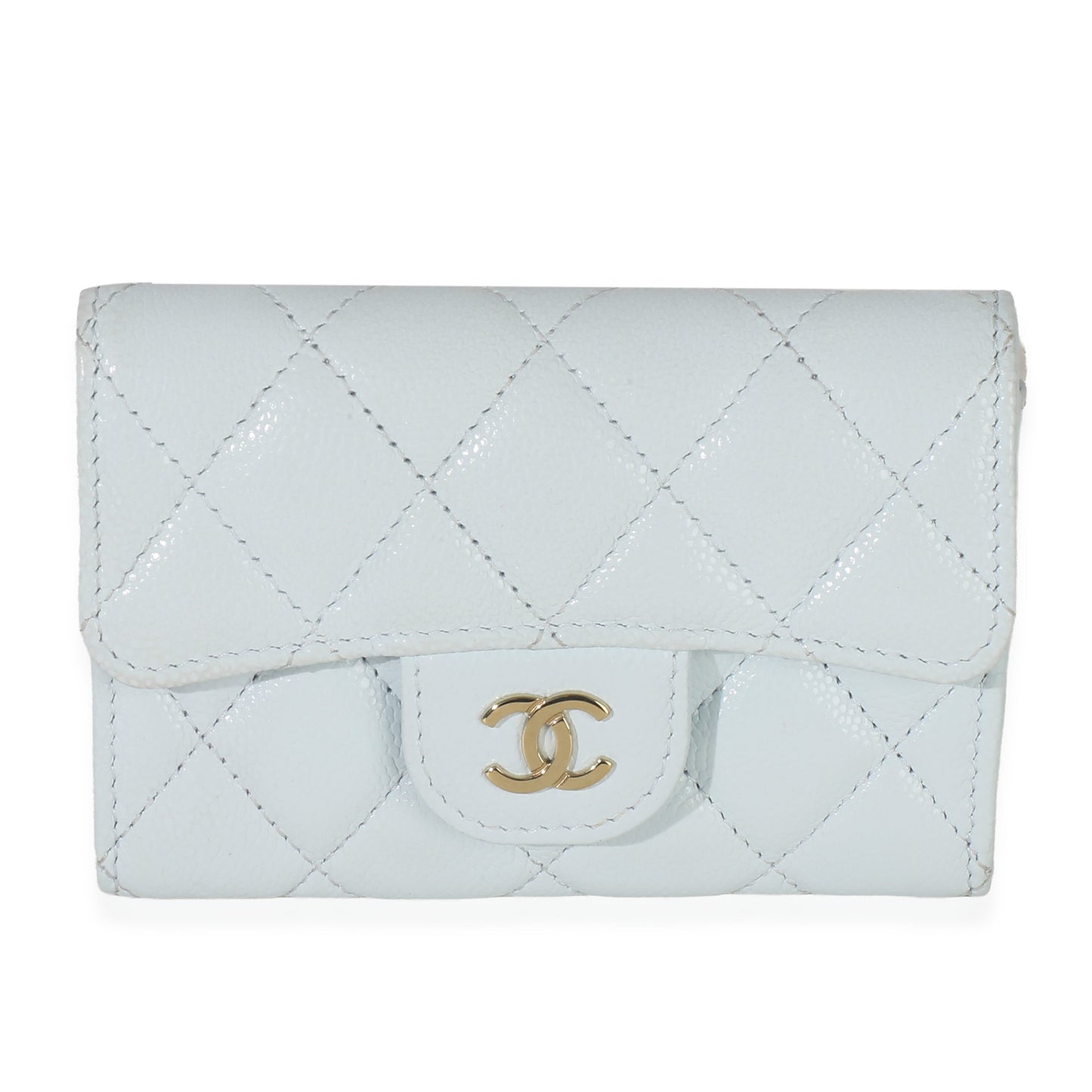 Chanel Light Blue Quilted Caviar Flap Card Holder Wallet