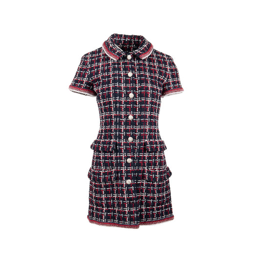 Chanel Size 36 Tweed Short-Sleeve Mini Dress Viscose Navy/ Multicolour