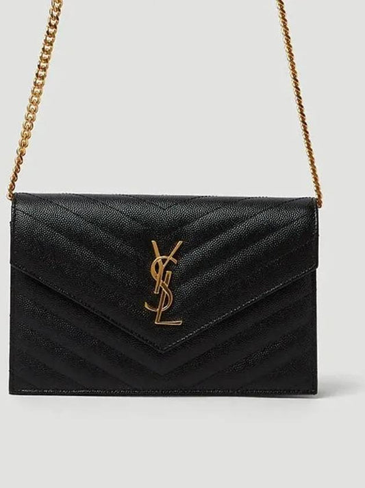 Luxury Saint Laurent Trending 2025 Grain De Poudre Embossed Envelope Chain Long Wallet Black
