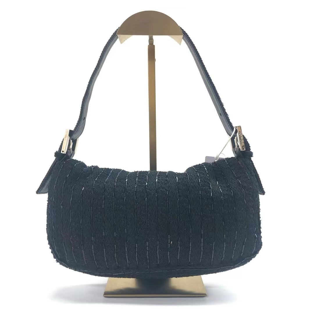 Fendi Baguette Vintage Black Glitter Beads and Cloth Knit Shoulder Bag