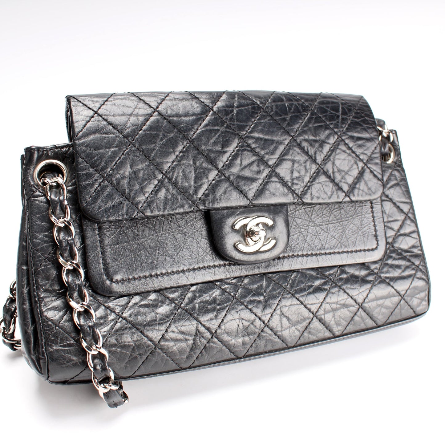 Chanel CC Accordion Double Flap Distressed Calfskin Bag