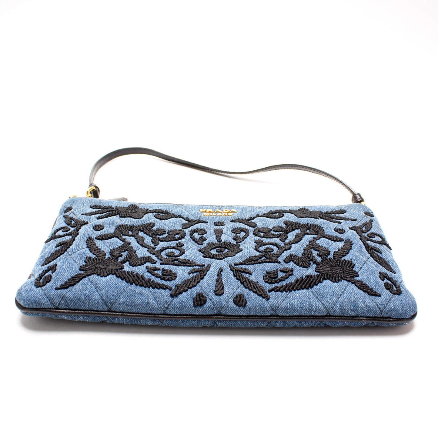 Prada Denim Embroidered Wristlet Bag