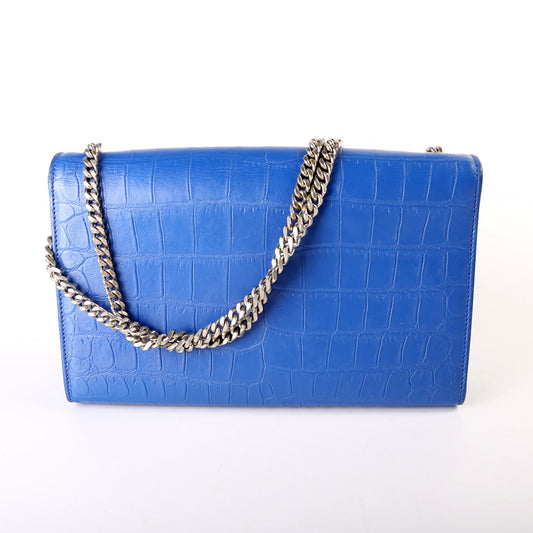 Saint Laurent Kate Tassel Satchel Medium Croc Embossed 354119 Blue Bag