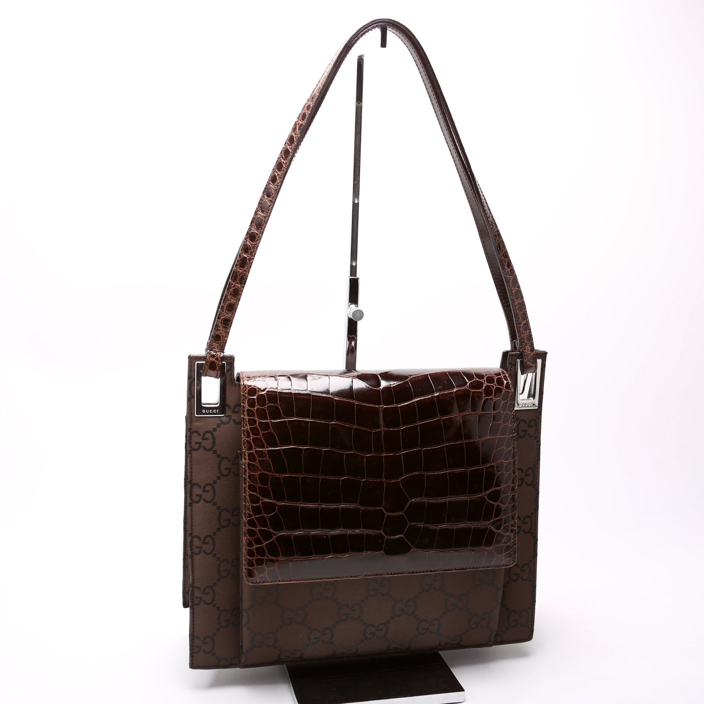 Gucci 001-3132 GG Nylon/Croc Embossed Flap Shoulder Vintage Brown Bag