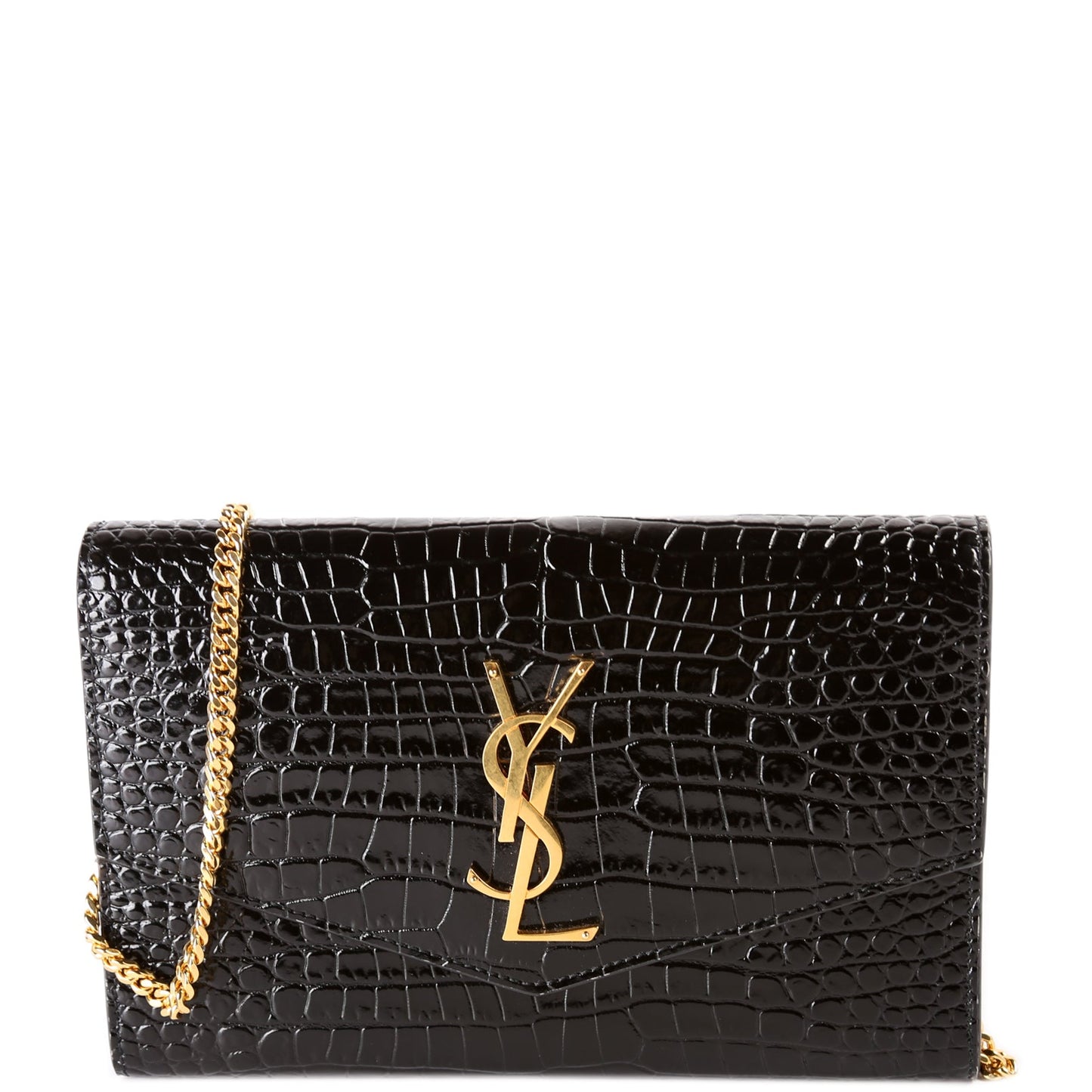 Saint Laurent Uptown Chain Wallet Croc Embossed 607788 Black Bag