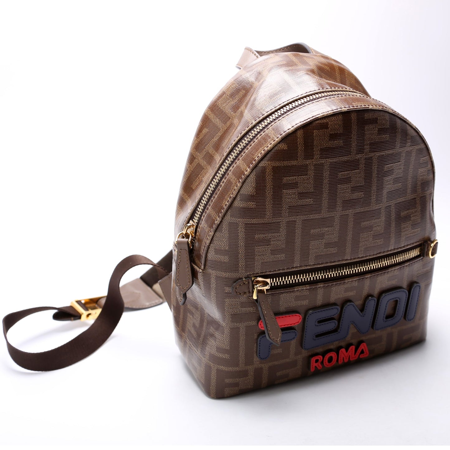 Fendi Fila FF Glazed Canvas Mini Backpack Brown Bag