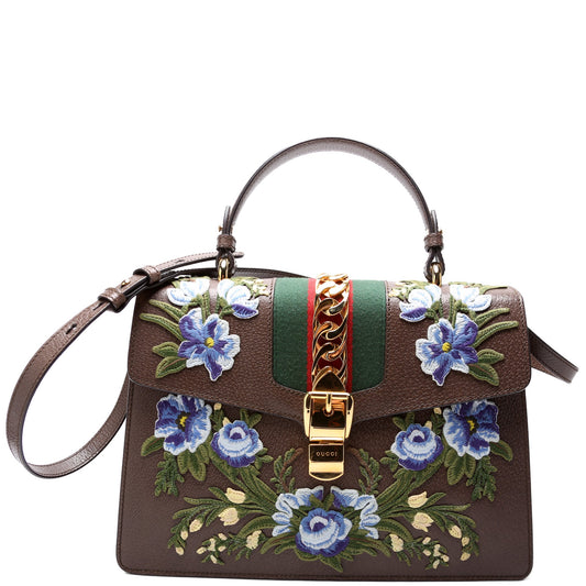 Gucci 431665 Sylvie Top Handle Embroidered Calfskin Medium Brown Bag