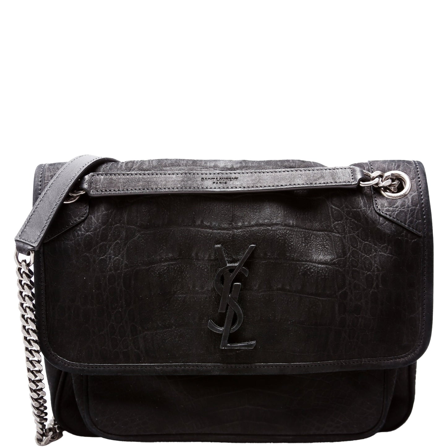 Saint Laurent Crocodile Embossed Nubuck Niki Medium Satchel Black Bag