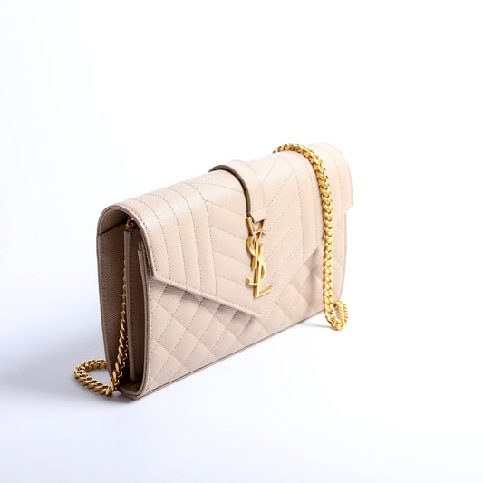 Saint Laurent Triquilt Grain De Poudre Chain Wallet 620280 Tan Bag