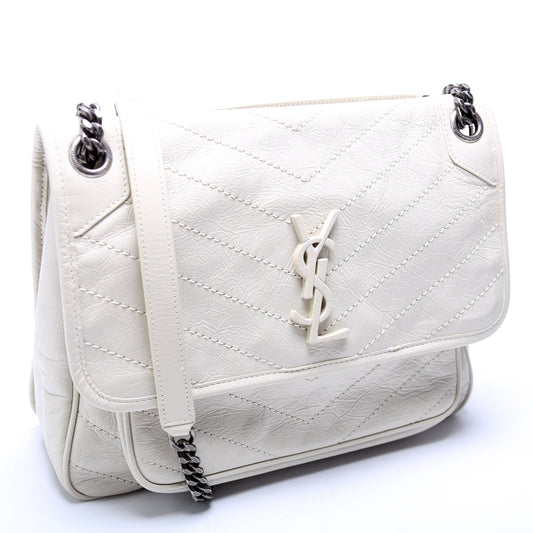 Saint Laurent 633158 Niki Medium Crinkle Leather Cream Bag