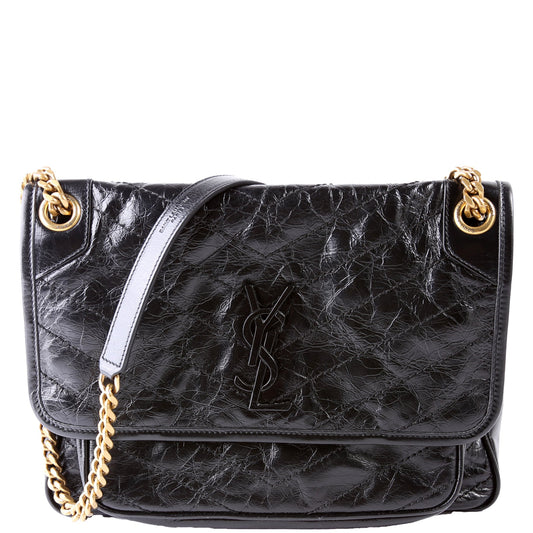 Saint Laurent Niki Medium Crinkle Leather Black Bag