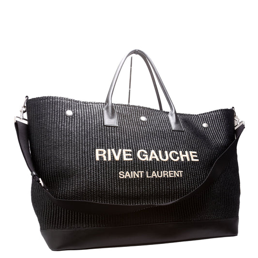 Saint Laurent Rive Gauche Raffia Calfskin Maxi Tote 718554 Black Bag