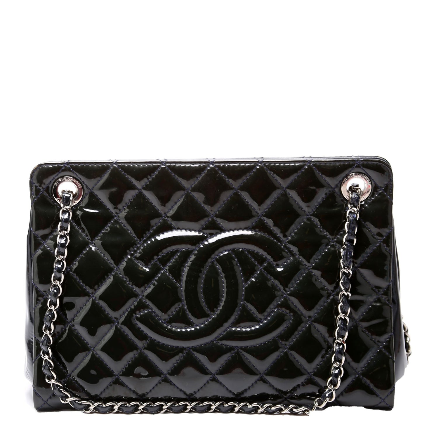 Chanel Petite Timeless CC Tote Quilted Patent 17M Blue Bag