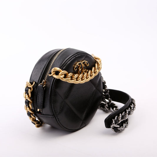 Chanel 19 Round Clutch Goarskin 29M Black Bag