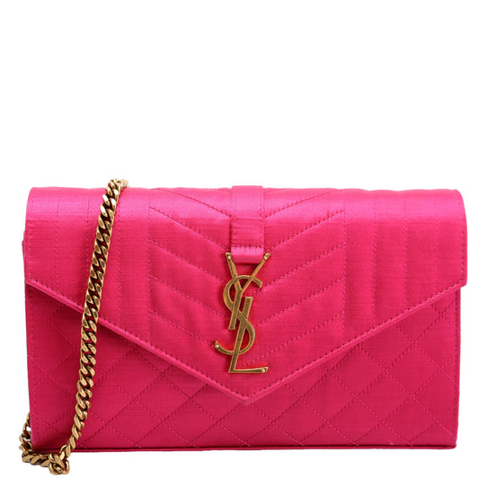 Saint Laurent Triquilt Satin Chain Wallet Pink/Gold Bag