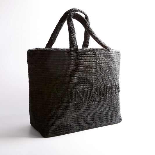 Saint Laurent Tonal Raffia Tote Black Bag
