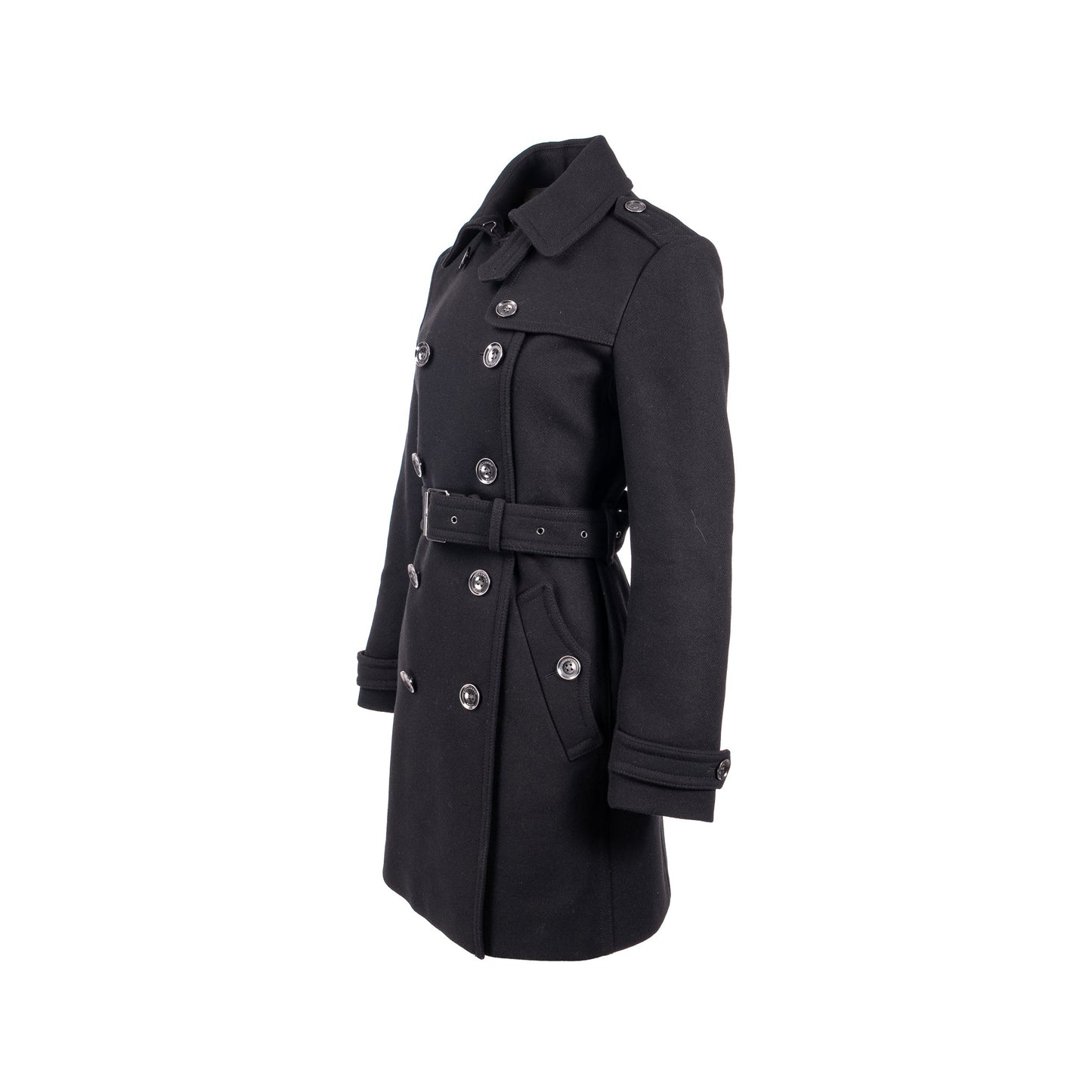 Burberry Size 10 Double Breasted Belted-Waist Coat Virgin Wool Black