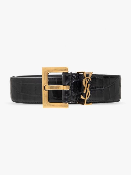 Luxury Saint Laurent Trending 2025 Cassandra Square Crocodile Leather Buckle Belt Black