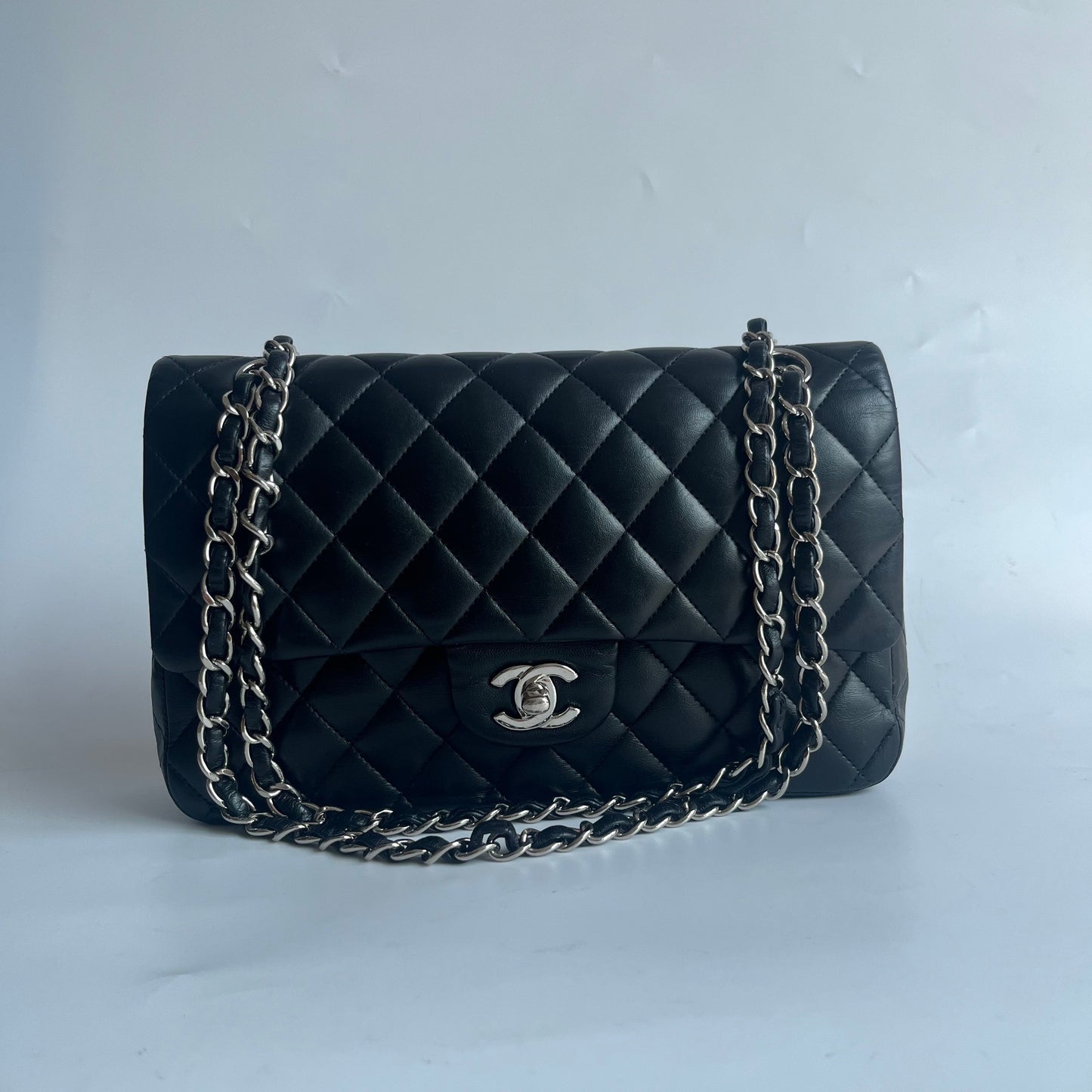 Chanel Timeless Classic Flap Medium Black Lambskin Leather Silver Hardware, 2012