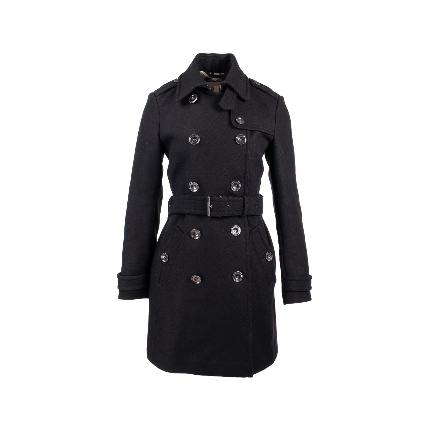 Burberry Size 10 Double Breasted Belted-Waist Coat Virgin Wool Black