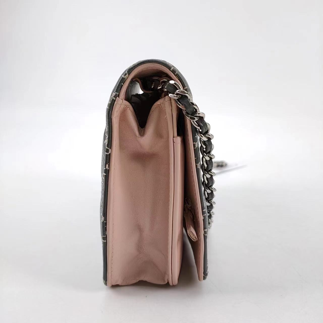 Chanel Wild Stitch Flap Wallet on Chain WOC Grey and Pink Leather