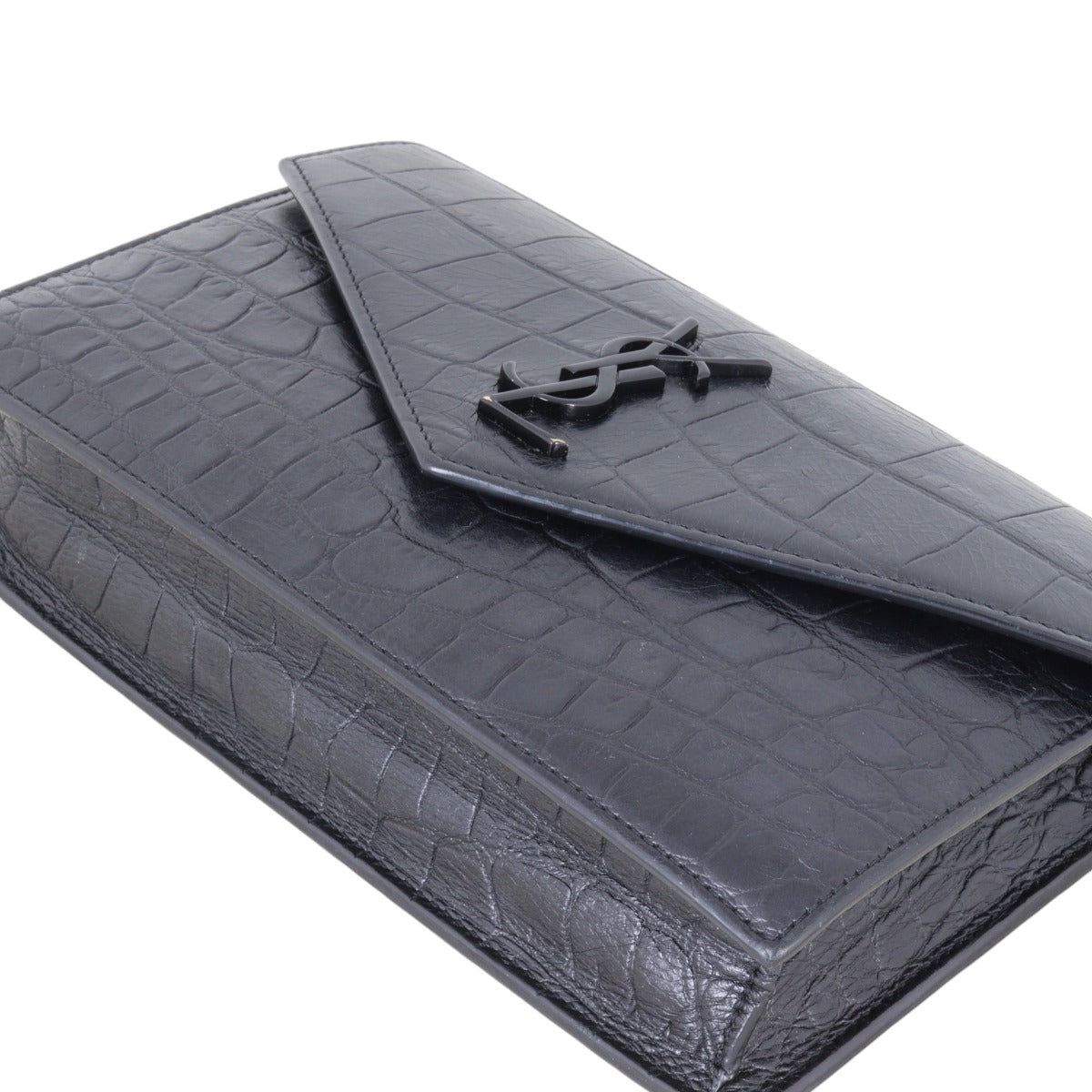 Saint Laurent Monogram Envelope Chain Wallet Croc-embossed