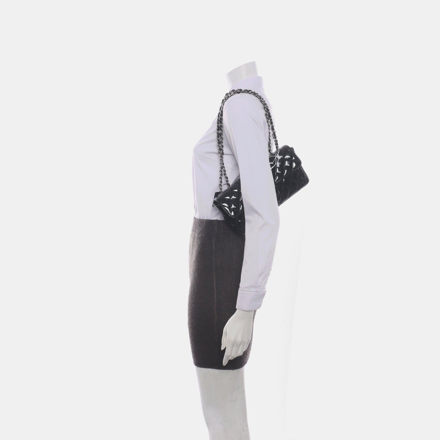 Chanel Baguette Flap Shoulder Bag Black Patent Leather Silver Double Chain