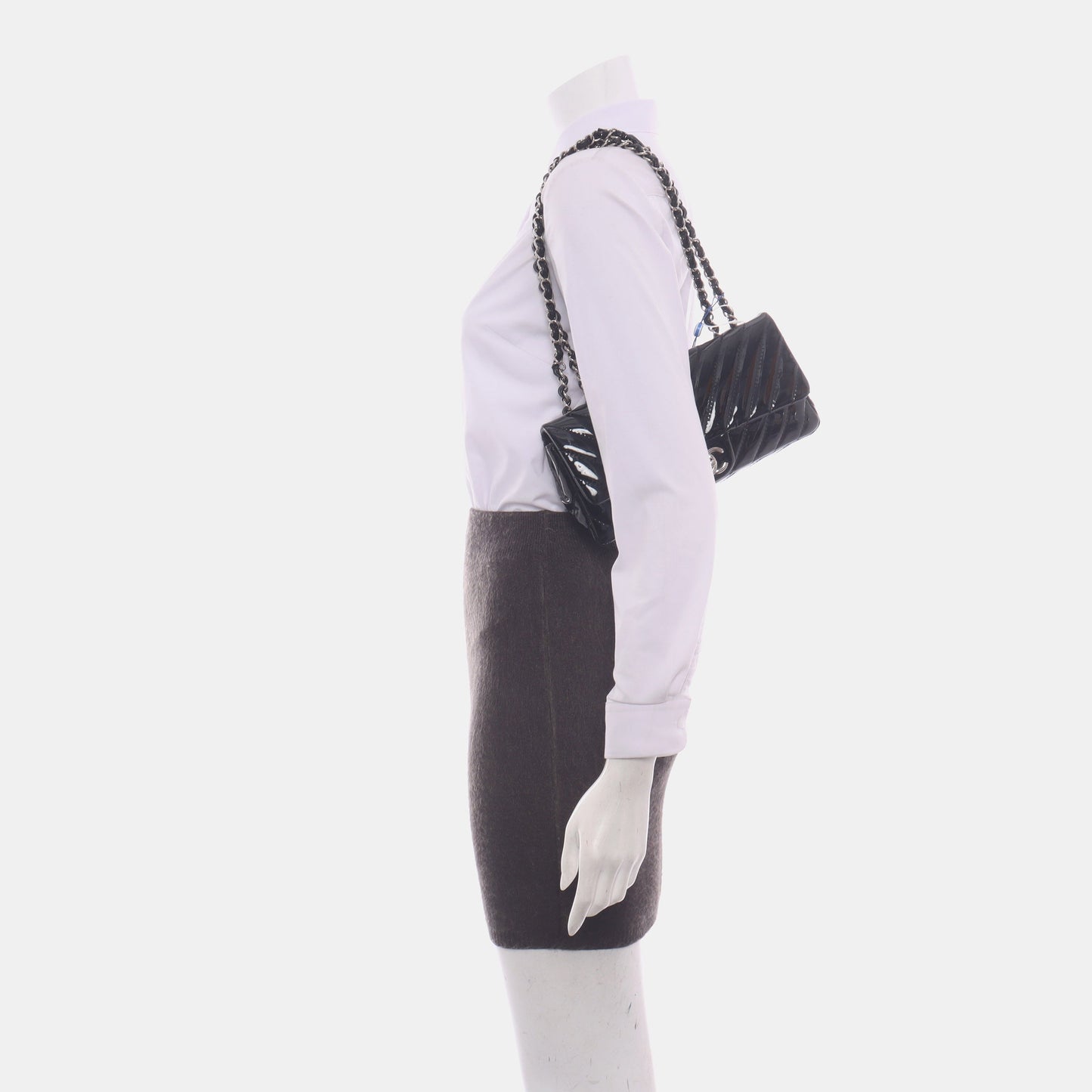 Chanel Baguette Flap Shoulder Bag Chevron Black Patent Leather Silver Double Chain