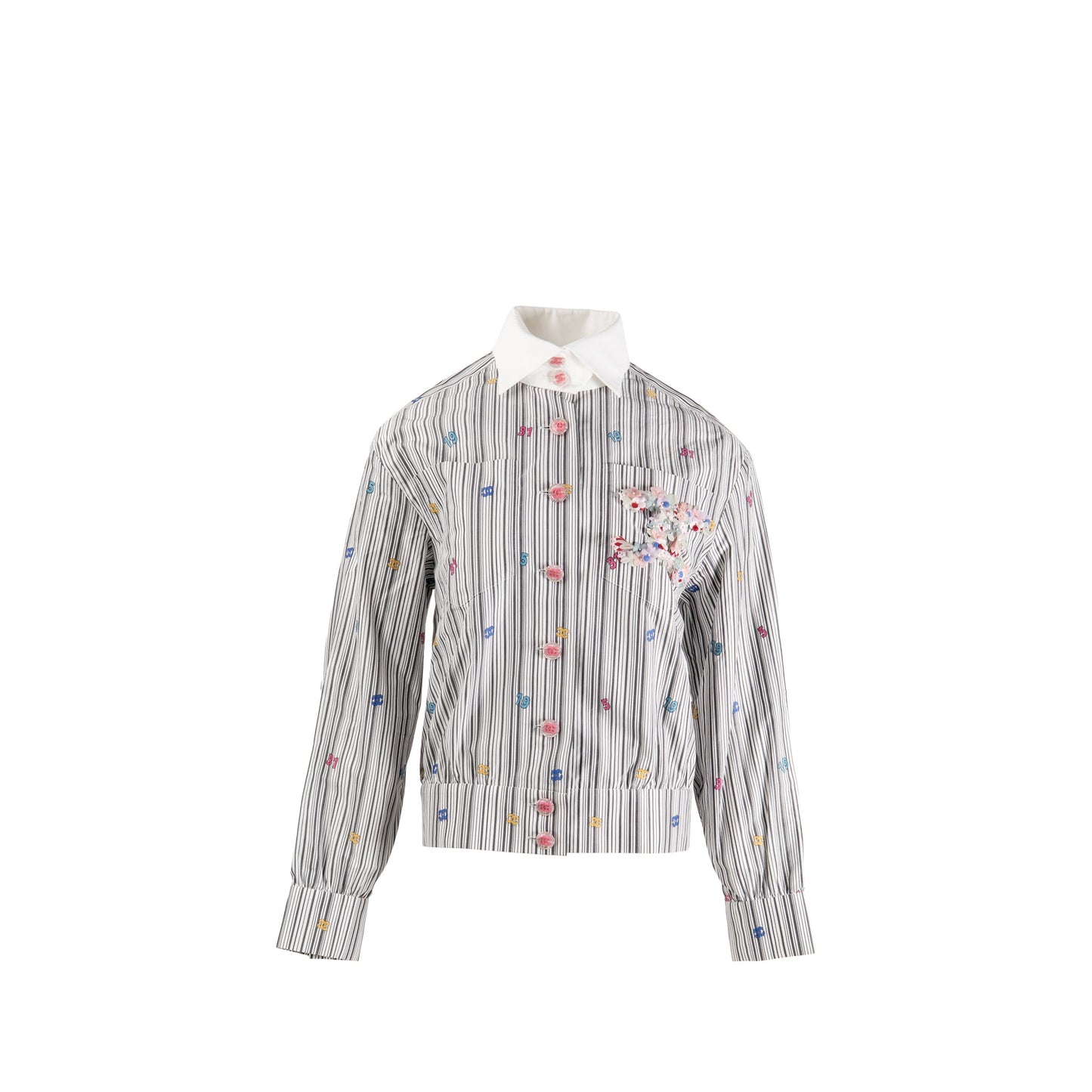 Chanel Size 36 23C Detailed Flower CC Blouse Cotton White/Black/Multicolour