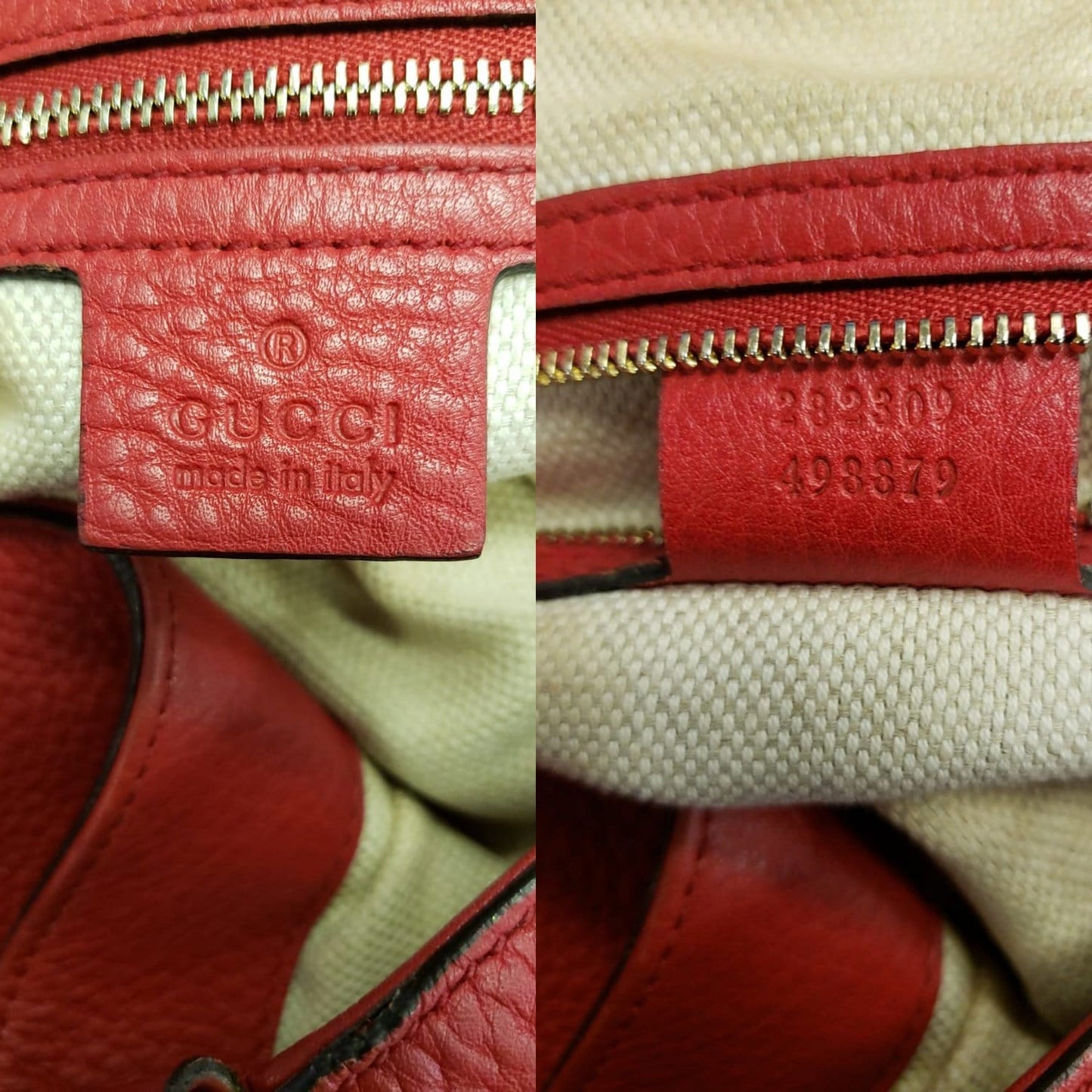 GUCCI Soho Top Handle Pebbled Leather Tote Bag Red