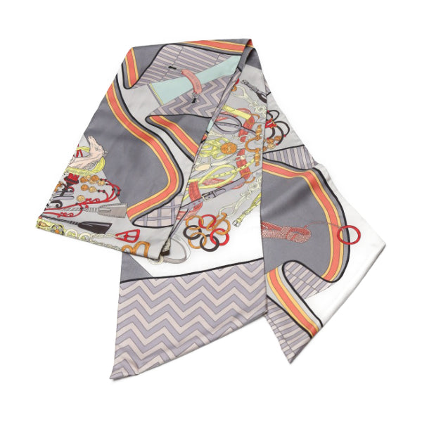 HERMES scarf silk gray cravat type silk Carre90 equestrian harness Women