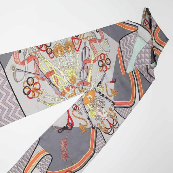 HERMES scarf silk gray cravat type silk Carre90 equestrian harness Women