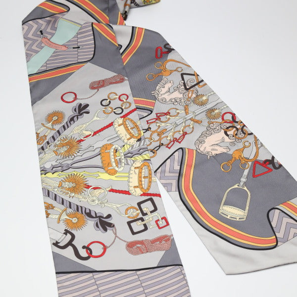 HERMES scarf silk gray cravat type silk Carre90 equestrian harness Women