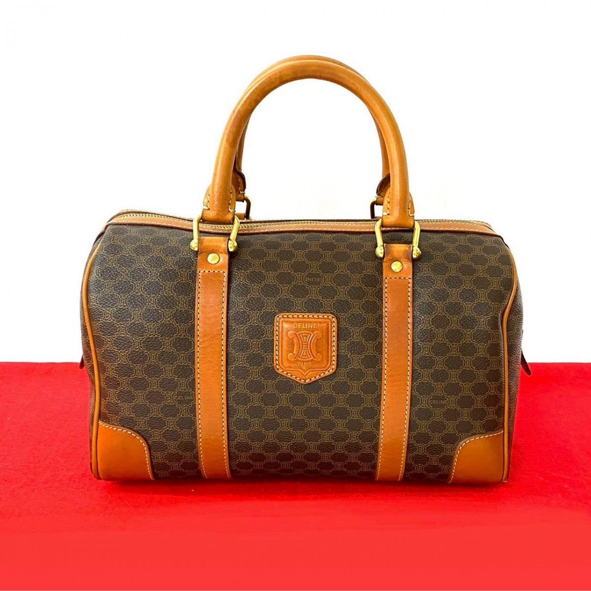 CELINE Handbag Leather, PVC Brown Macadam Blason Triomphe Women