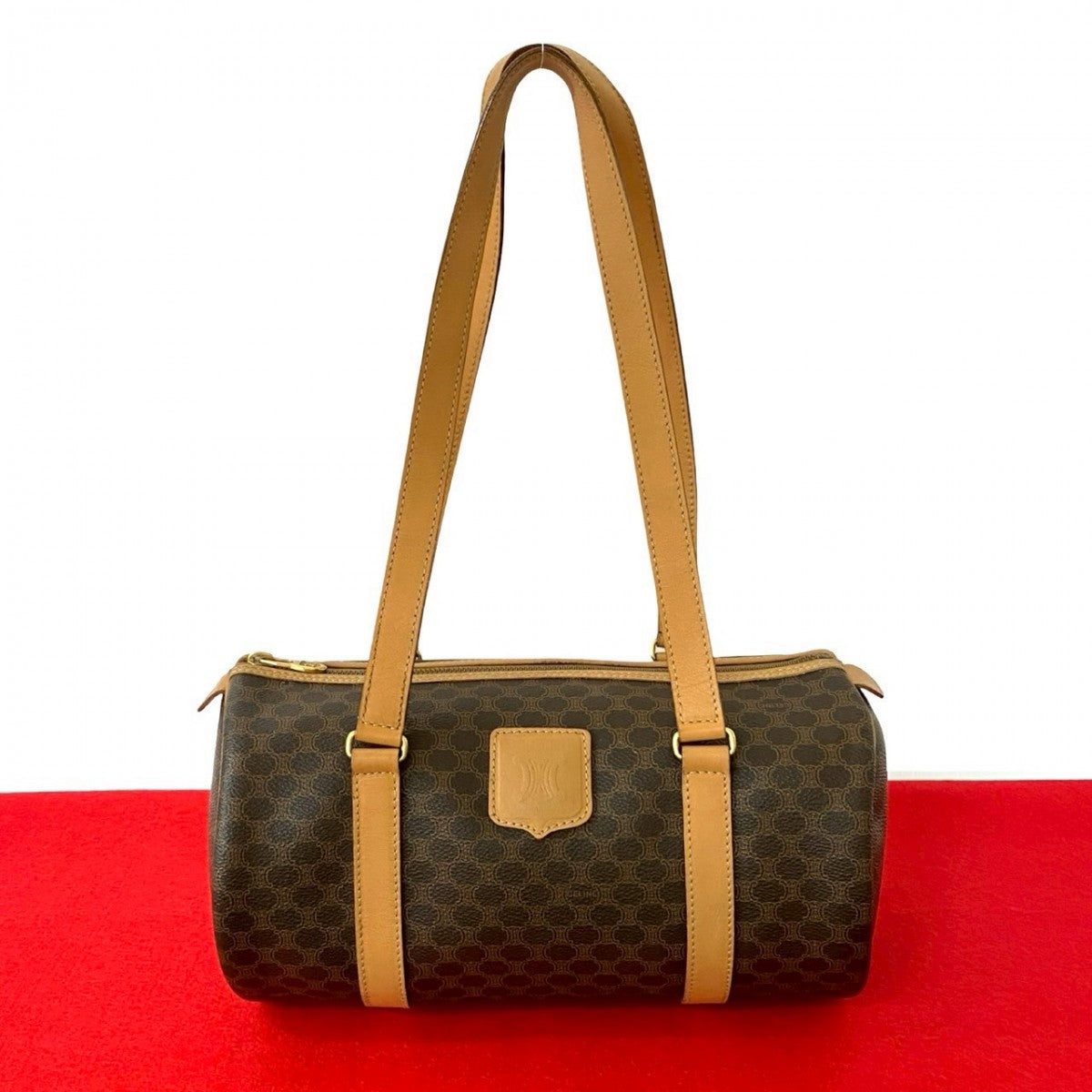 CELINE Handbag Leather, PVC Brown Macadam Blazon Pattern Triomphe logo Women