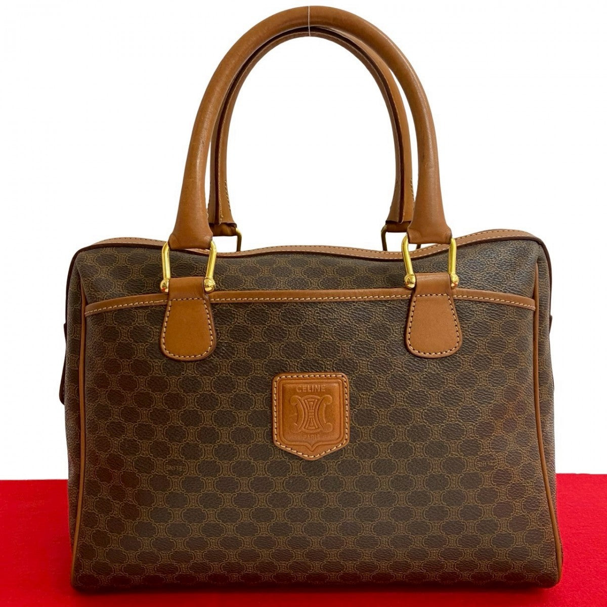 CELINE Handbag Leather, PVC Brown Macadam Blason Triomphe Pattern Women