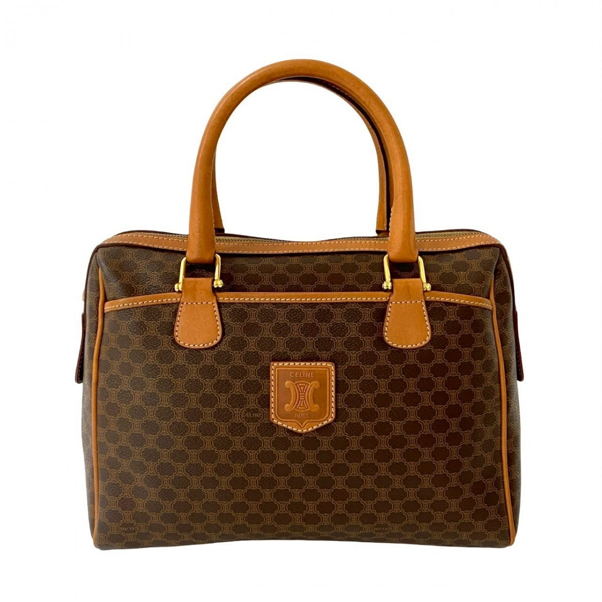 CELINE Handbag Leather, PVC Brown Macadam Blazon Pattern Triomphe logo Women