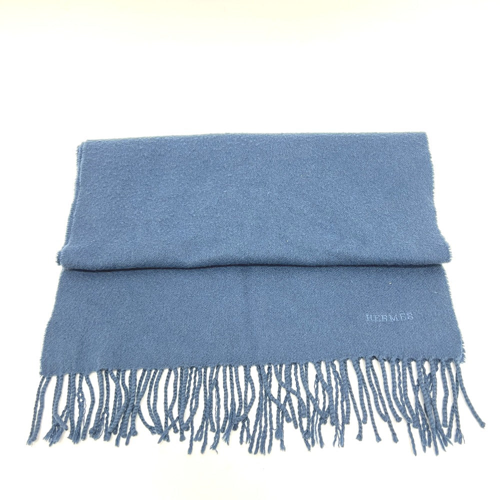 HERMES Scarf cashmere blue Logo embroidery