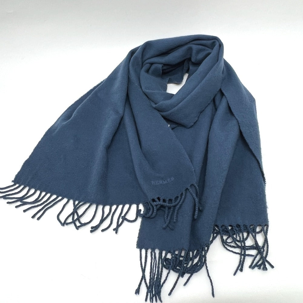 HERMES Scarf cashmere blue Logo embroidery
