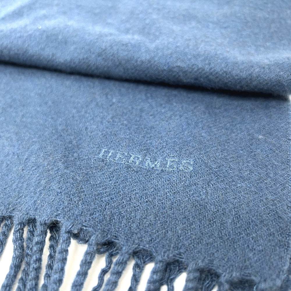 HERMES Scarf cashmere blue Logo embroidery