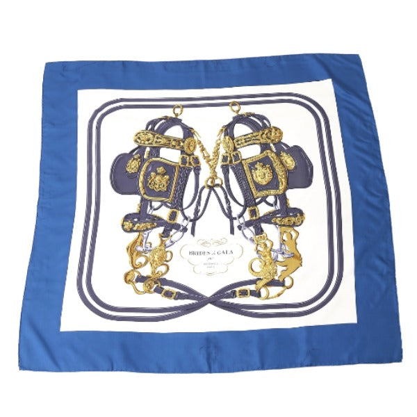 HERMES scarf silk blue 100% silk BRIDES de GALA Carre90 Women