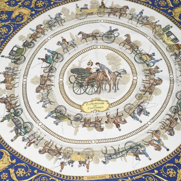 HERMES scarf silk blue La PROMENADE DE LONGCHAMPS Carre90 Carre90 Women