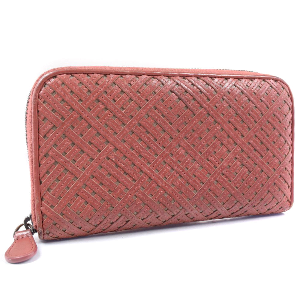 BOTTEGAVENETA Long Wallet Purse lambskin Red tea INTRECCIATO Zip Around Women