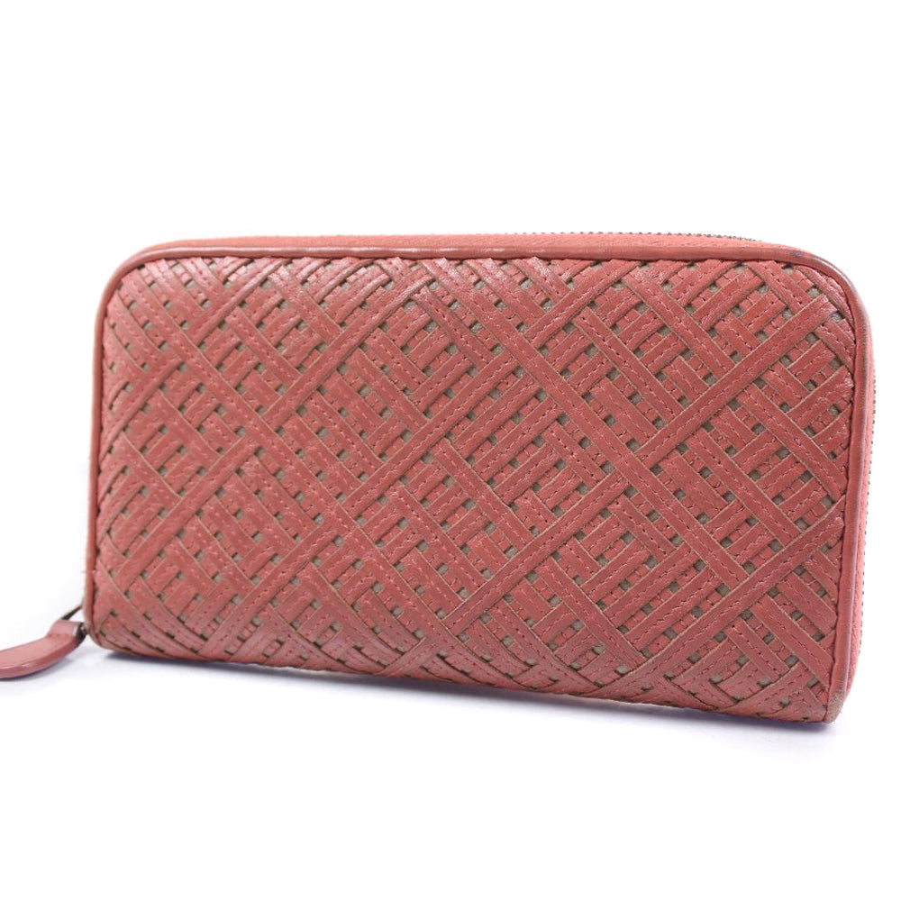 BOTTEGAVENETA Long Wallet Purse lambskin Red tea INTRECCIATO Zip Around Women