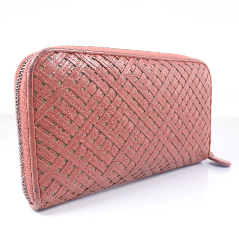 BOTTEGAVENETA Long Wallet Purse lambskin Red tea INTRECCIATO Zip Around Women