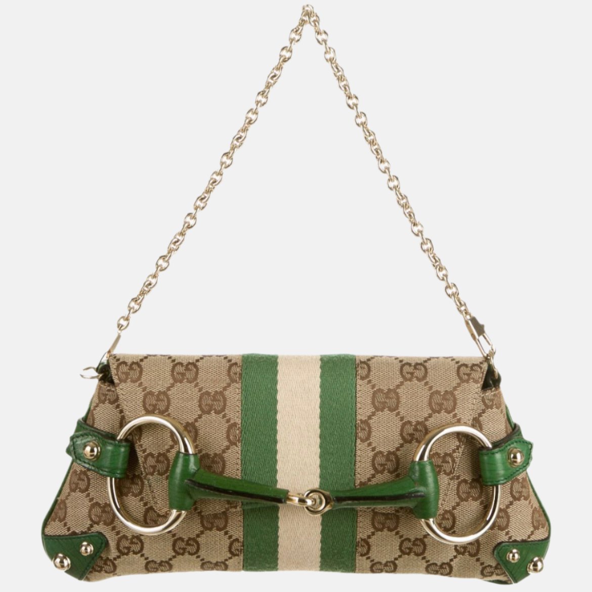 Iconic Gucci Horsebit 1955 Chain Cloth Gucci Monogram Green Leather and Gold Studs