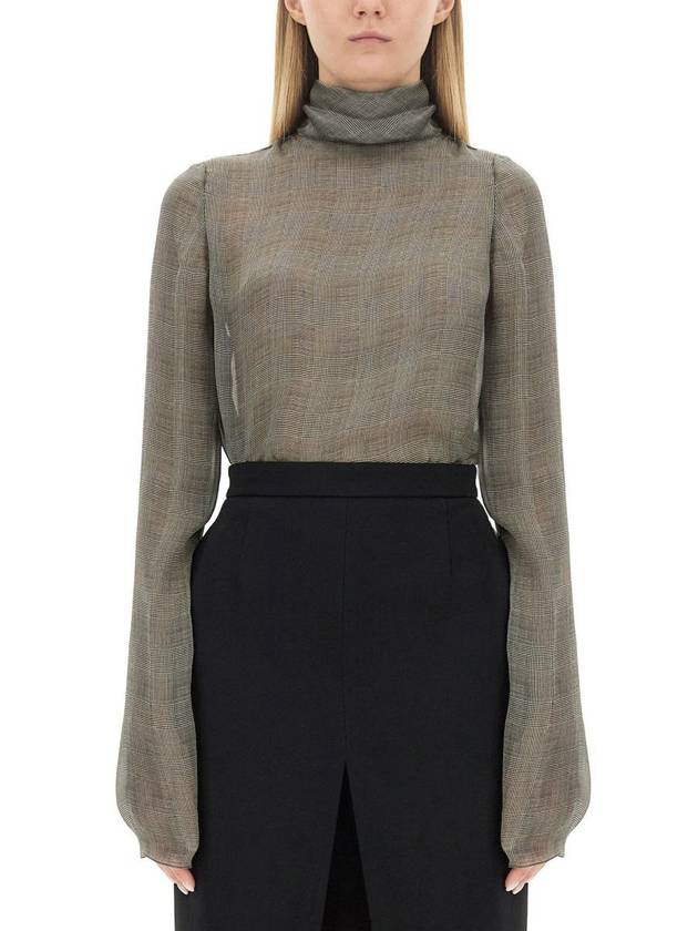 Luxury Saint Laurent Trending 2025 Tartan Silk Turtleneck Blouse Grey