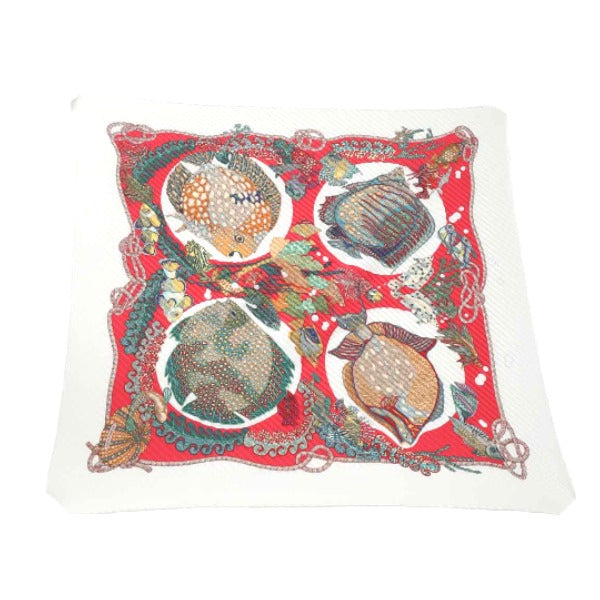 HERMES scarf silk Red x white Pleated scarf PleatedCarre Fish pattern Women