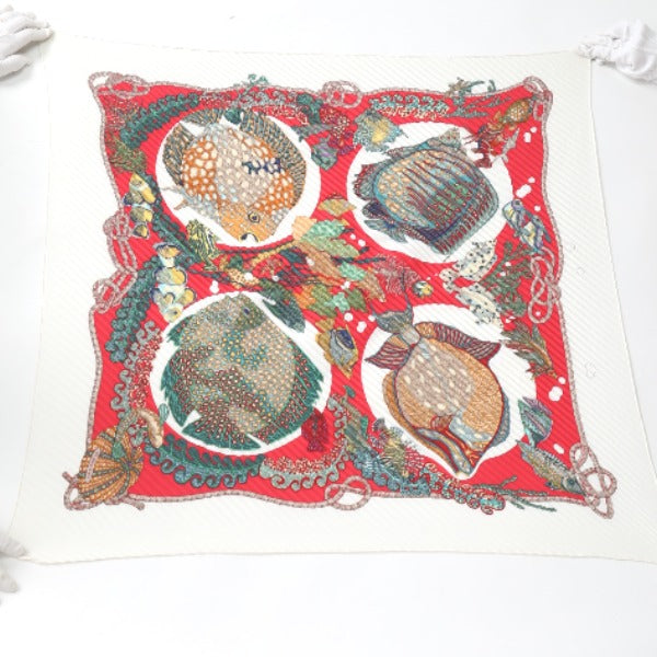 HERMES scarf silk Red x white Pleated scarf PleatedCarre Fish pattern Women
