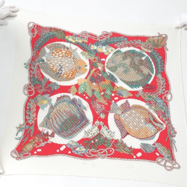 HERMES scarf silk Red x white Pleated scarf PleatedCarre Fish pattern Women